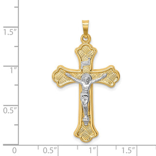 14k Two-tone Gold Hollow Polished Woven Fleur de Lis Crucifix Pendant