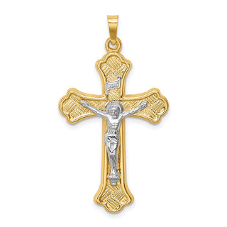 14k Two-tone Gold Hollow Polished Woven Fleur de Lis Crucifix Pendant