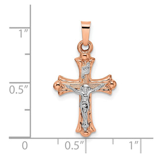14k Rose and White Gold Polished Fleur de Lis INRI Hollow Crucifix Pendant XR1873