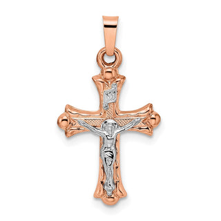 14k Rose and White Gold Polished Fleur de Lis INRI Hollow Crucifix Pendant XR1873