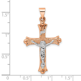 14k Rose and White Gold Polished Fleur de Lis INRI Hollow Crucifix Pendant XR1875