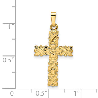 14k Yellow Gold Polished and Textured Solid Floral Cross Pendant XR1904