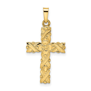 14k Yellow Gold Polished and Textured Solid Floral Cross Pendant XR1904