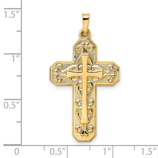 14k Yellow Gold Polished and Textured Hollow Scroll Design Double Cross Pendant