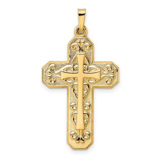 14k Yellow Gold Polished and Textured Hollow Scroll Design Double Cross Pendant