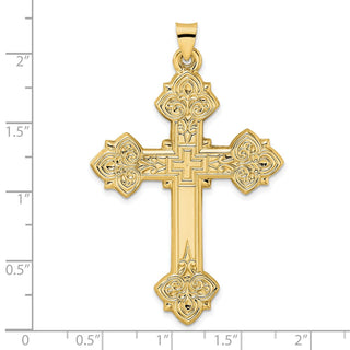 14k Yellow Gold Polished Hollow Fancy Fleur de Lis Cross Pendant