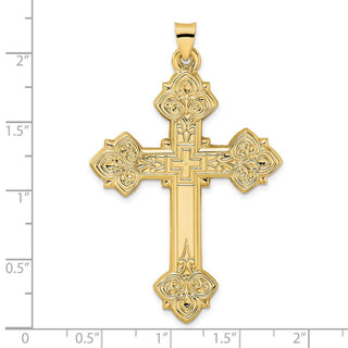 14k Yellow Gold Polished Hollow Fancy Fleur de Lis Cross Pendant