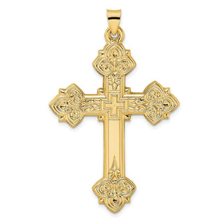 14k Yellow Gold Polished Hollow Fancy Fleur de Lis Cross Pendant