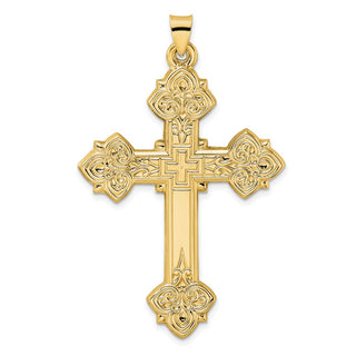 14k Yellow Gold Polished Hollow Fancy Fleur de Lis Cross Pendant