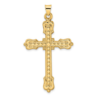 14k Yellow Gold Polished Diamond Pattern Hollow Cross Pendant