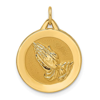 14k Yellow Gold Polished and Satin Solid Praying Hands Disc Pendant XR1949