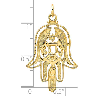 14k Yellow Gold Polished & Textured Solid Hamsa Pendant