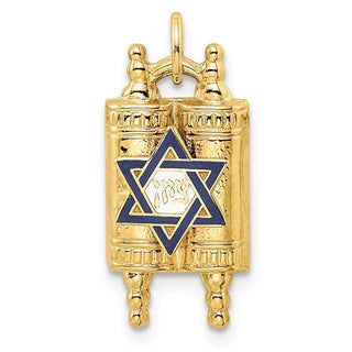 14k Yellow Gold Polished Solid Torah and Enameled Star of David Pendant
