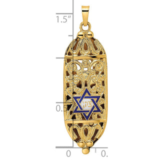 14k Yellow Gold Polished Solid Mezuzah Enameled Star Pendant