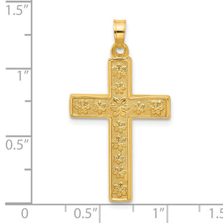 14K Yellow Gold Polished and Textured Floral Cross Pendant
