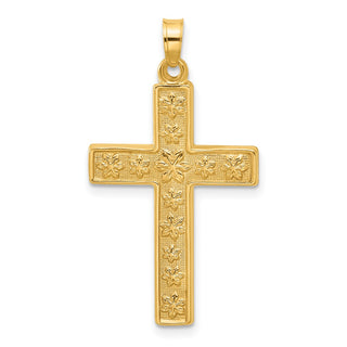 14K Yellow Gold Polished and Textured Floral Cross Pendant