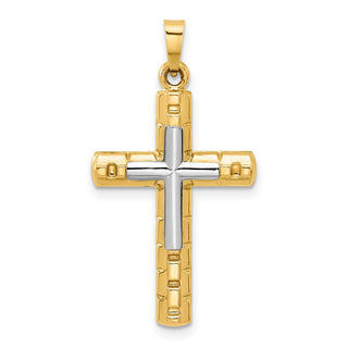 14k Two-tone Gold Textured and Polished Hollow Latin Cross Pendant