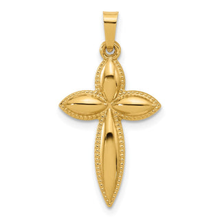 14K Yellow Gold Polished and Beaded Hollow Edge Passion Cross Pendant XR2085