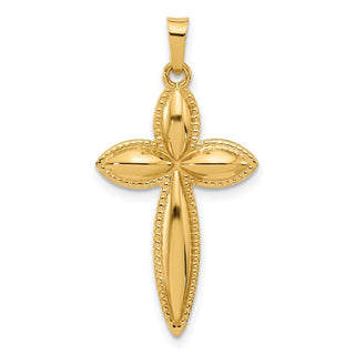 14K Yellow Gold Polished and Beaded Hollow Edge Passion Cross Pendant XR2086