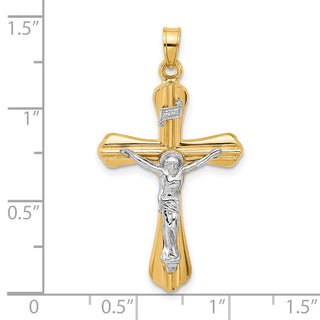 14k Two-tone Gold Grooved Hollow INRI Crucifix Pendant