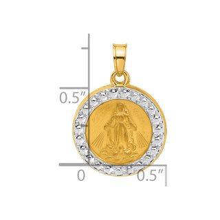 14K Yellow Gold and White Rhodium-plating Hollow Miraculous Mary Plain Back Medal Pendant