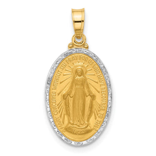 14K Yellow Gold with Rhodium-plating Satin and Polished Miraculous Medal Solid Oval Pendant XR2112