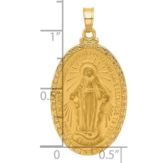 14k Yellow Gold & Miraculous Medal Solid Oval Pendant - 33 x 17.6mm, Polished, Satin & Brushed