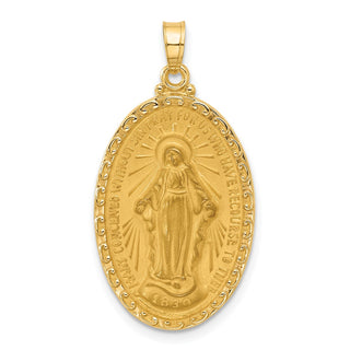 14k Yellow Gold & Miraculous Medal Solid Oval Pendant - 33 x 17.6mm, Polished, Satin & Brushed