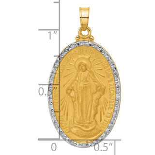 14k Yellow Gold & Miraculous Medal Solid Oval Pendant - 33 x 17.6mm, Polished, Satin & Brushed, Rhodium-Plated