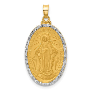 14K Yellow Gold with Rhodium-plating Satin and Polished Miraculous Medal Solid Oval Pendant XR2118