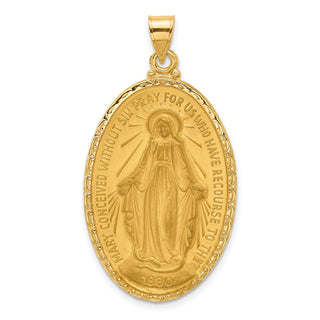 14k Yellow Gold & Miraculous Medal Solid Oval Pendant - 45 x 23.9mm, Polished, Satin & Brushed