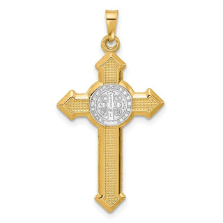 14k Two-tone Gold Textured Hollow Budded St Benedict Cross Pendant