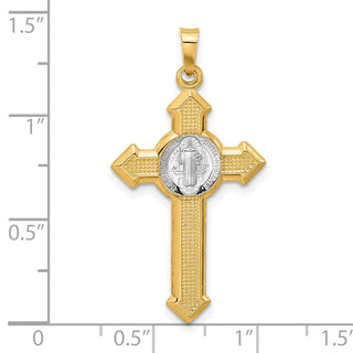 14k Two-tone Gold Textured Hollow Budded St Benedict Cross Pendant