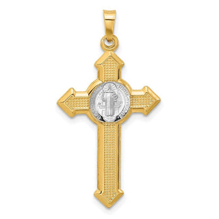 14k Two-tone Gold Textured Hollow Budded St Benedict Cross Pendant