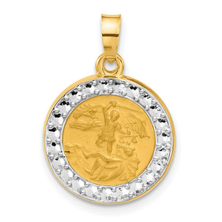 14K Yellow Gold with White Rhodium-plating Hollow St. Michael Medal Pendant