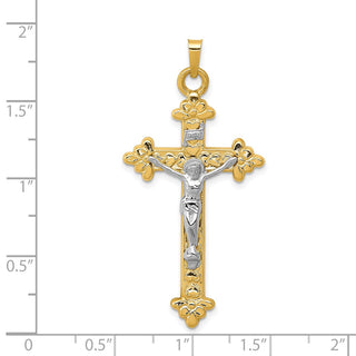 14k Yellow and White Gold Inri Hollow Fleur De Lis Crucifix Pendant