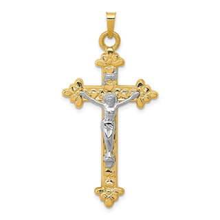 14k Yellow and White Gold Inri Hollow Fleur De Lis Crucifix Pendant