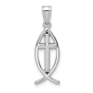 14k White Gold Cross Ichthys Fish Pendant - 26 x 9mm, Polished
