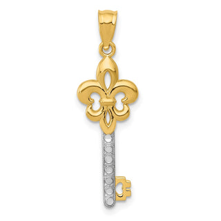 14k Yellow Gold and White Rhodium Polished Fleur De Lis Key Pendant