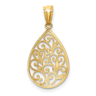 14k Yellow Gold Polished and Textured Small Filigree Teardrop Pendant