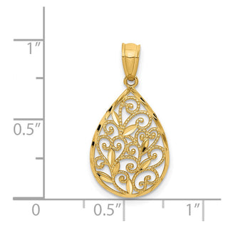 14k Yellow Gold Polished and Textured Small Filigree Teardrop Pendant