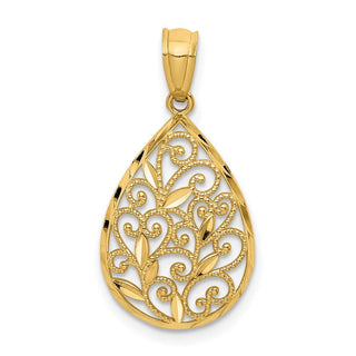 14k Yellow Gold Polished and Textured Small Filigree Teardrop Pendant