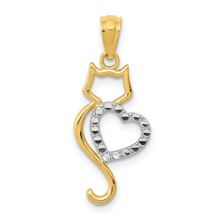 14k Yellow Gold Rhodium-Plated Polished Cat w/Heart Pendant