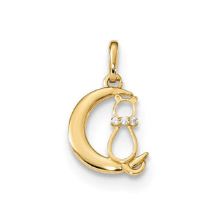 14k Yellow Gold Childrens CZ Cat And Moon Pendant