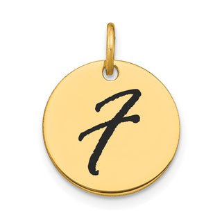 14K Yellow Gold Polished Black Enamel Letter F Initial Disk Charm