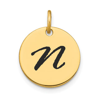 14K Yellow Gold Polished Black Enamel Letter N Initial Disk Charm