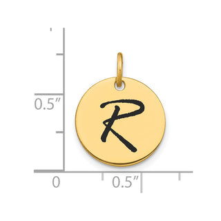 14K Yellow Gold Polished Black Enamel Letter R Initial Disk Charm