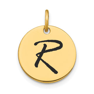 14K Yellow Gold Polished Black Enamel Letter R Initial Disk Charm