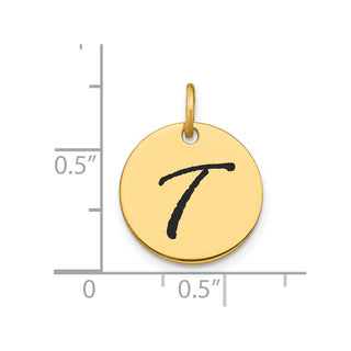 14K Yellow Gold Polished Black Enamel Letter T Initial Disk Charm