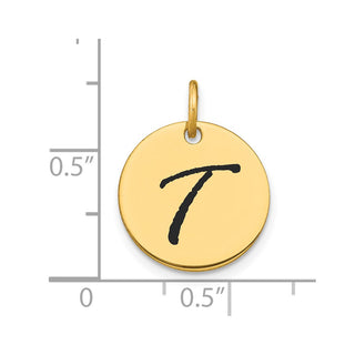 14K Yellow Gold Polished Black Enamel Letter T Initial Disk Charm